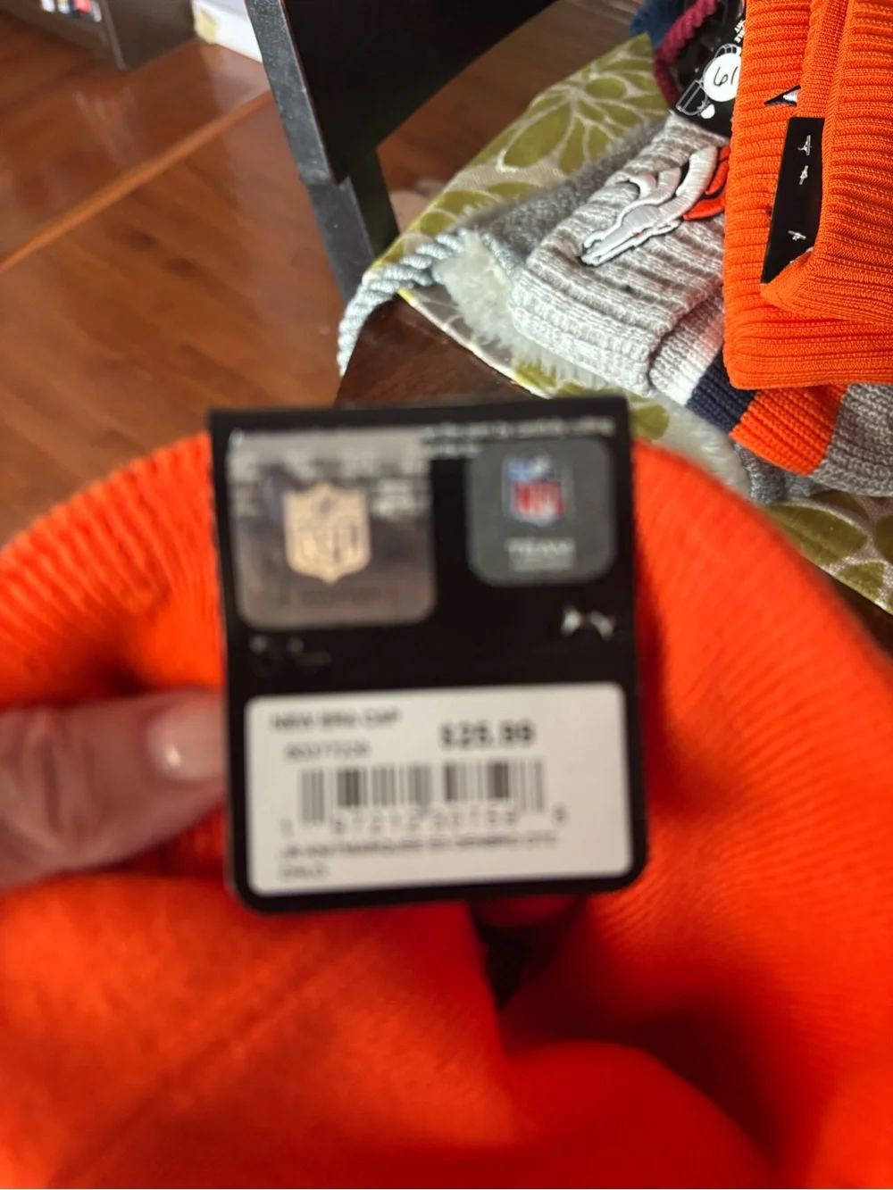 NFL Orange and Navy Pom Pom Kids Beanie with Team Logo NWT